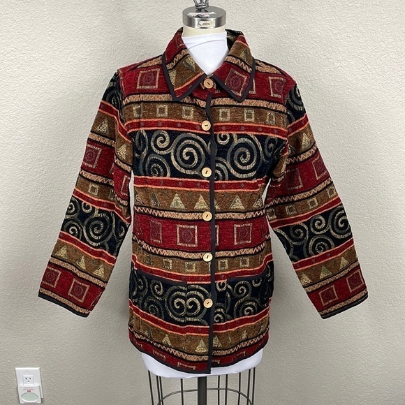 Vintage KAS Designs Tapestry Carpet Jacket Aztec Print Southwestern Sz S - Picture 1 of 11